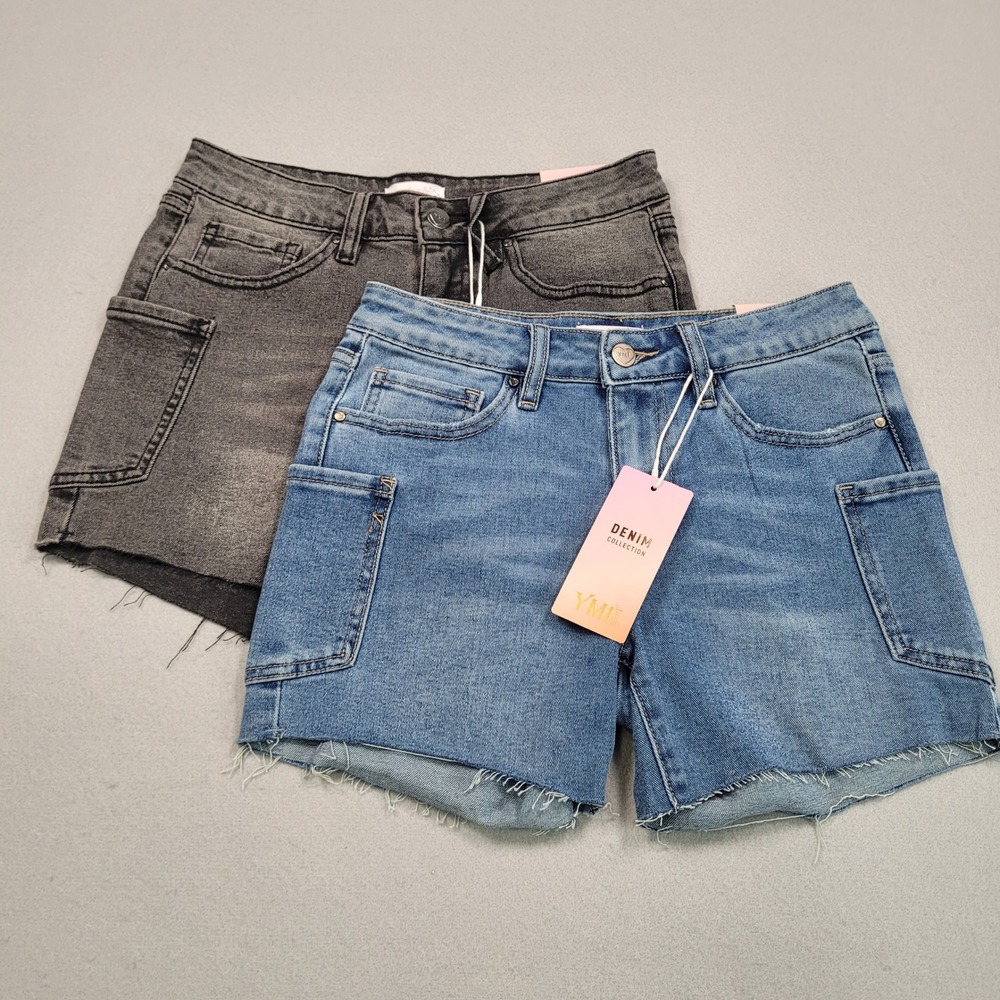 YMI Girl Kids Size 16 Denim Shorts Bundle Blue Black Cutoff Frayed Hem‎ 2 Pack